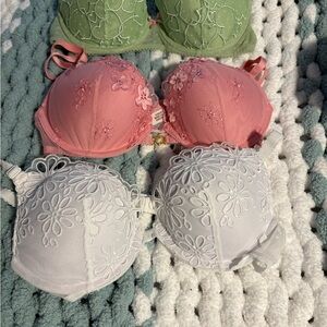 Victoria's Secret 34B Embroidered Push-Up Bra Trio - Pink, White, Green